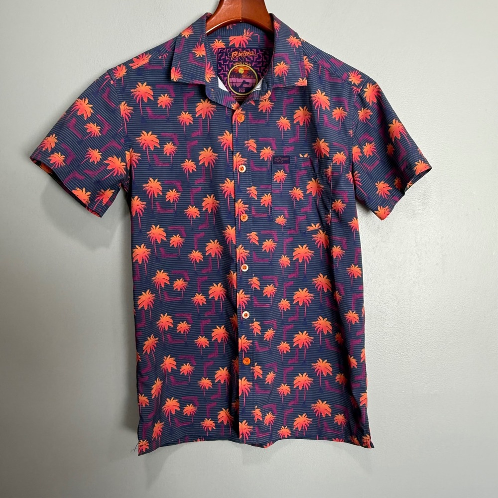 Retro Rifle Rising Palm Mens XS Navy Orange Synthwave Gun Print Button Up Shirt